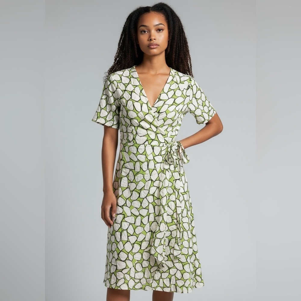 Diane Von Furstenberg Green and White Wrap Dress